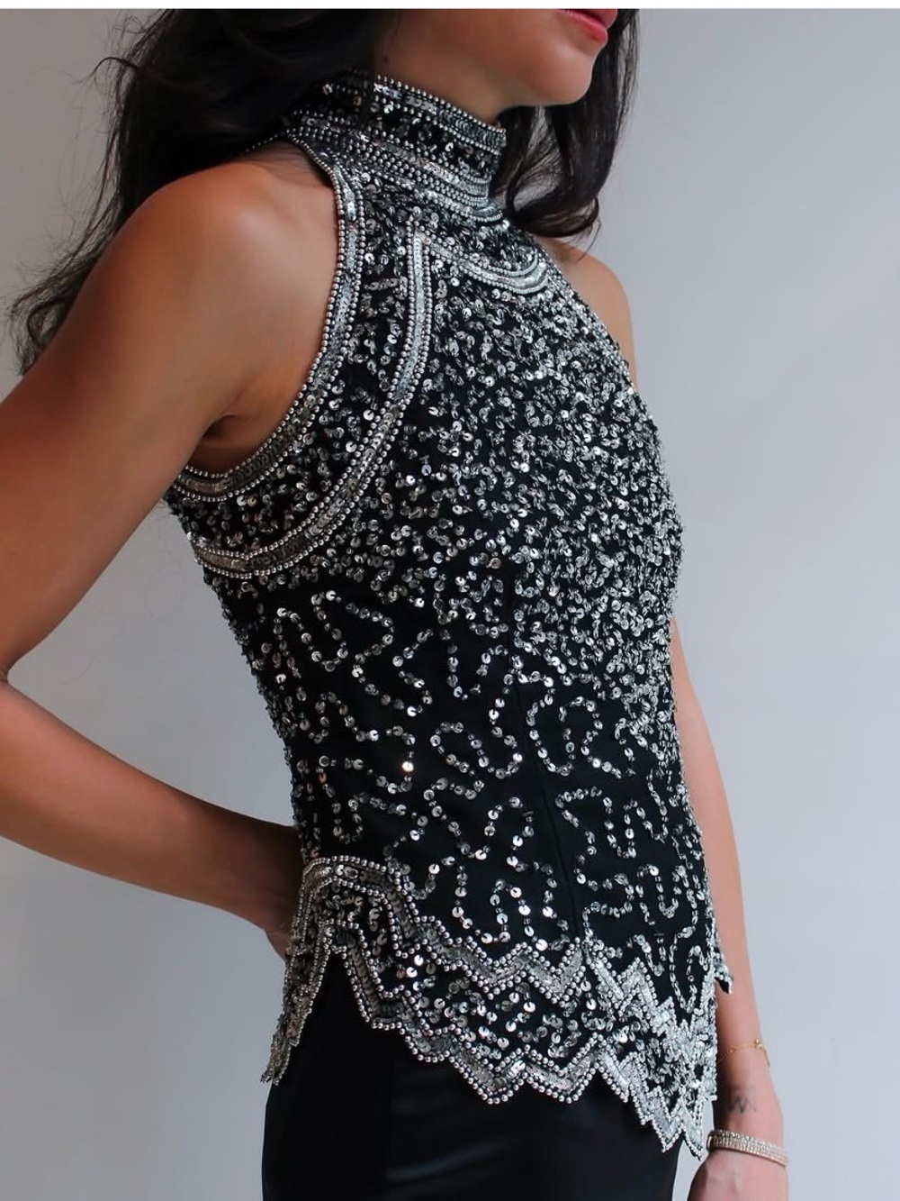 Styleworks  Vintage Silk sequined Halter Top beaded Black Sliver size S